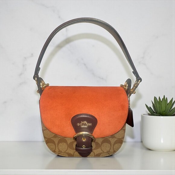 Coach Kleo Bag 17 #C5691 Orange Suede Signature Canvas Convertible Handbag Small - Picture 1 of 11